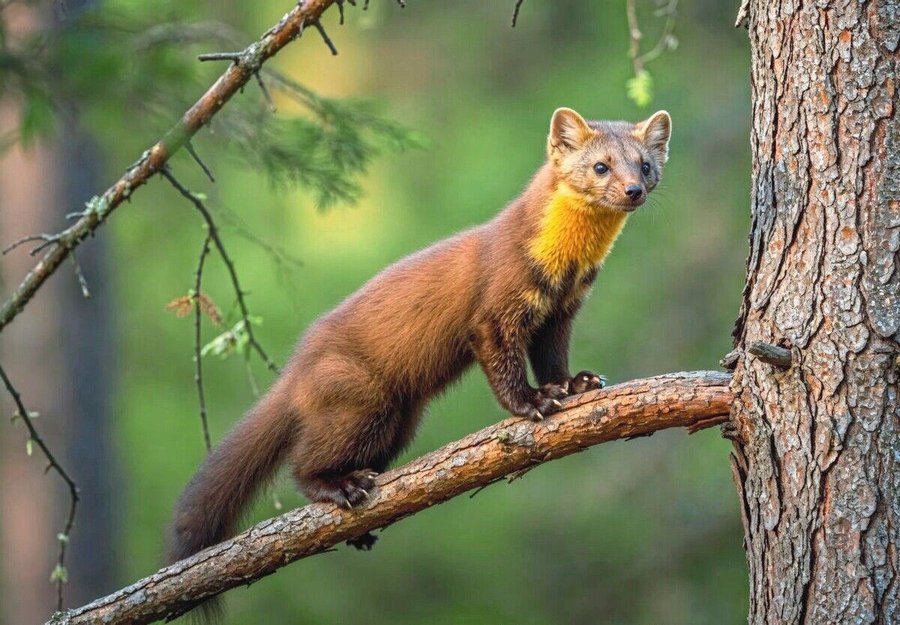 Marten_stands_on_a_branch_of_a_tree_in_a_wooded_area,_illuminated_by_warm_sunlight.